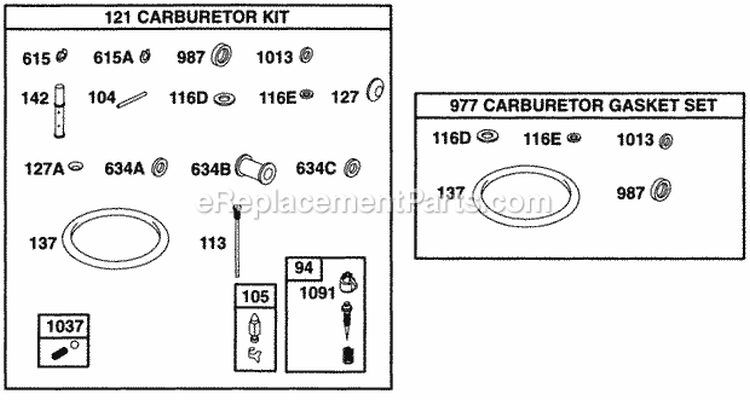 Carburetor Kits Diagram and Parts List for 290777-0015-99  Briggs and Stratton Engine